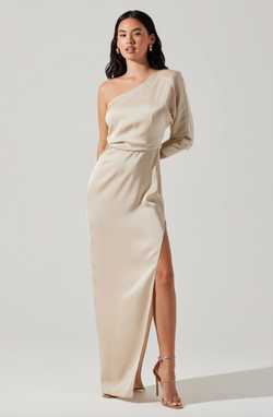 Vestido Maxi de Satin de un hombro color champagne - ICONYWEAR