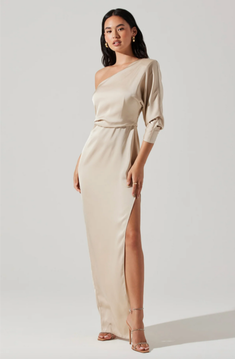 Vestido Maxi de Satin de un hombro color champagne - ICONYWEAR