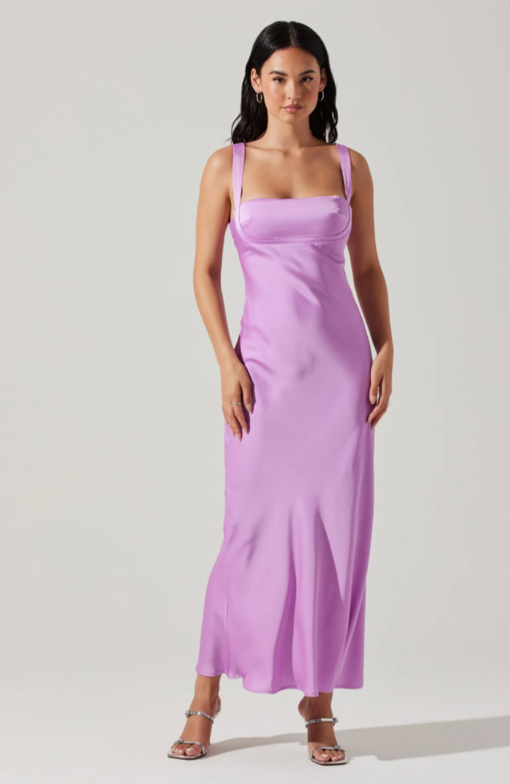 Vestido maxi de satin color lila - ICONYWEAR