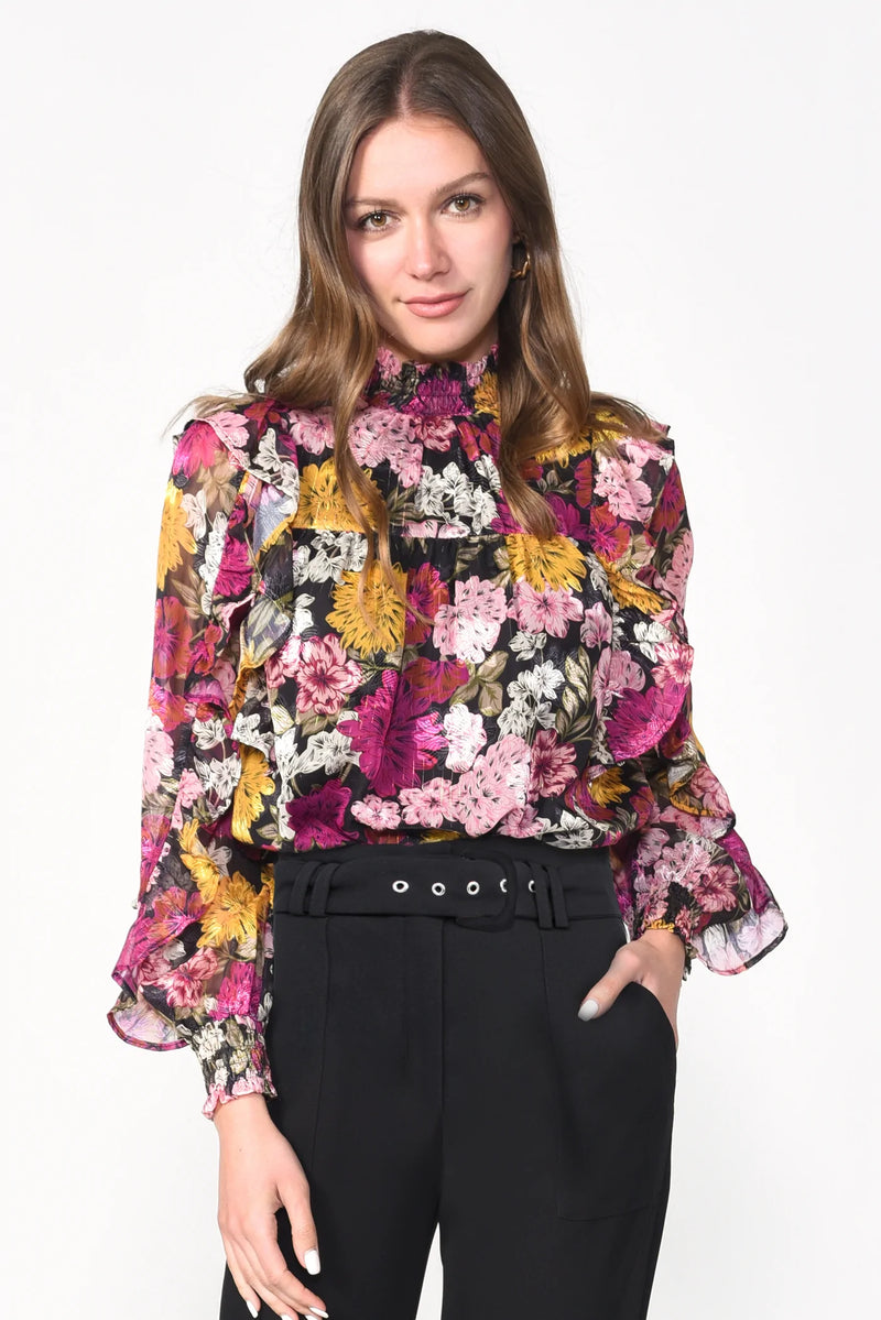 Blusa floral de manga larga con fondo negro - ICONYWEAR