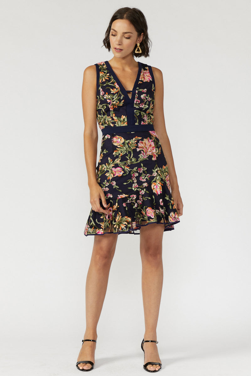 Vestido navy con estampado floral mini - ICONYWEAR