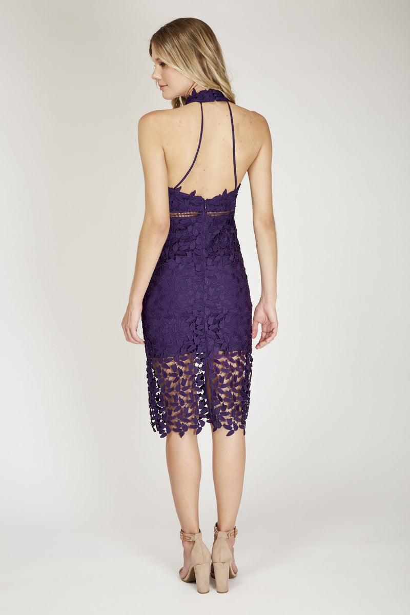 Vestido morado de encaje halter - ICONYWEAR